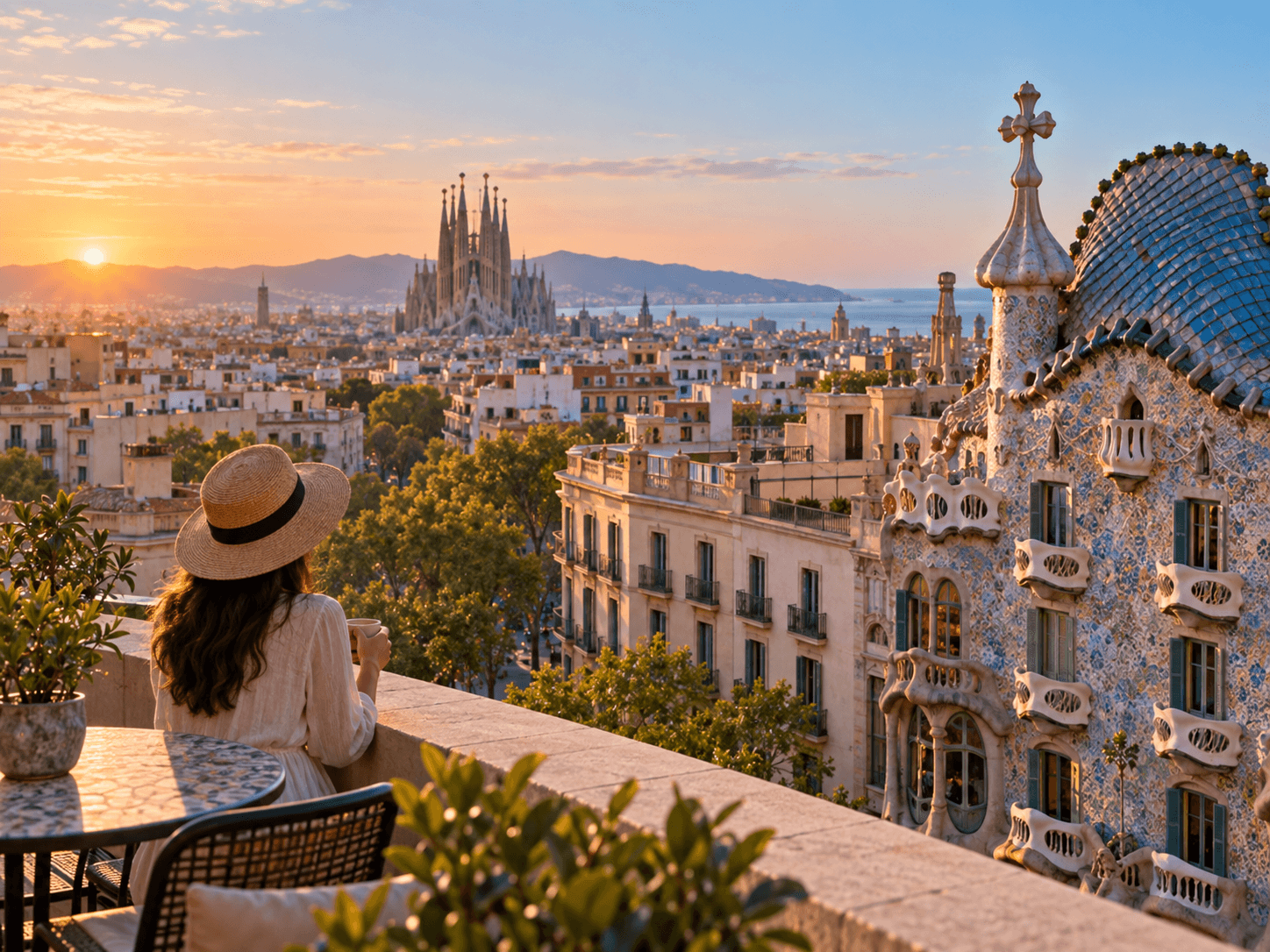 A rooftop view across Barcelona at sunset