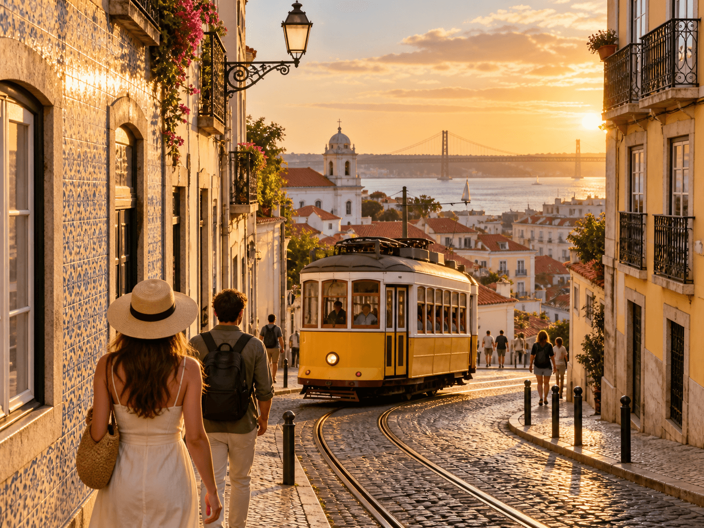 A yellow tram descending a tiled Lisbon street at golden hour