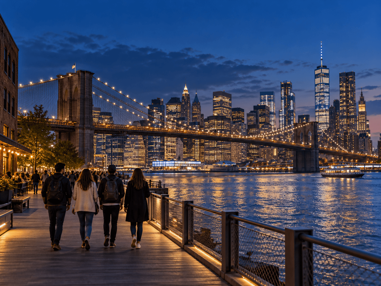 Travellers walking beside the Brooklyn waterfront at blue hour