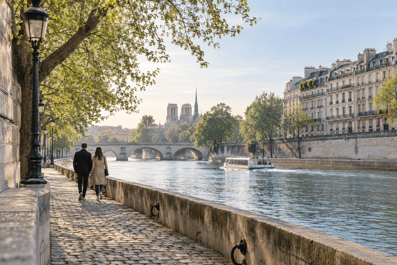 A quiet morning walk beside the Seine in Paris