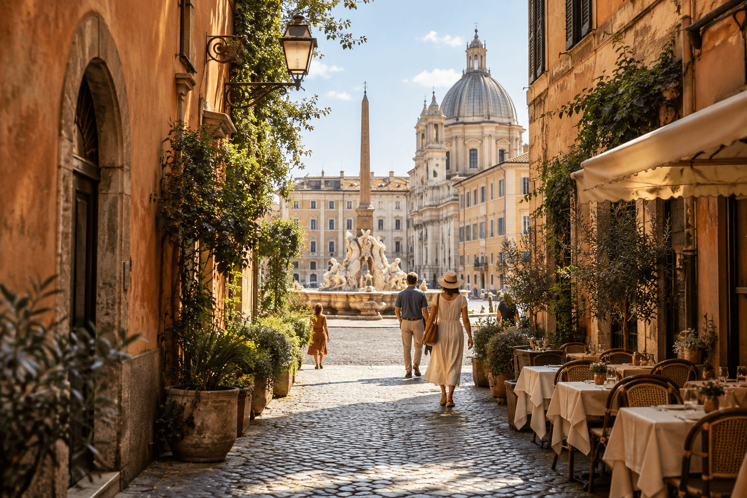 Travellers walking from a Roman street into a sunlit piazza